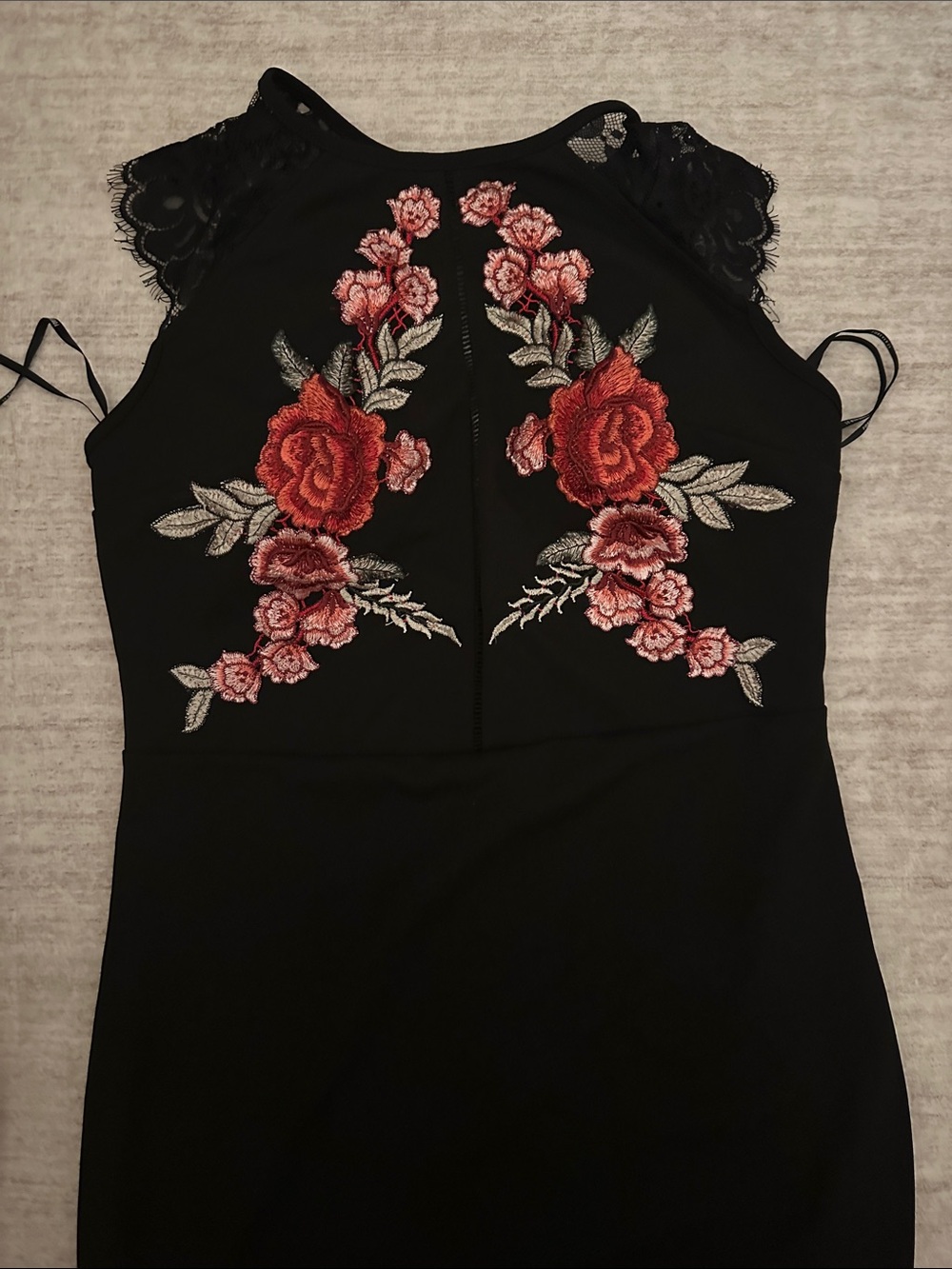 Forever 21 Black Lace-Shoulder Tank with Red Rose Embroidery